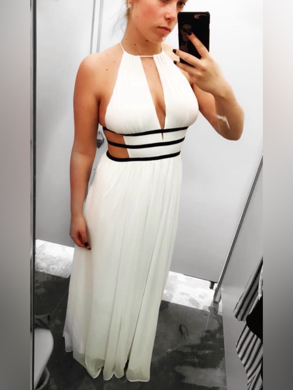 Express White Halter Maxi Dress with Black Bands